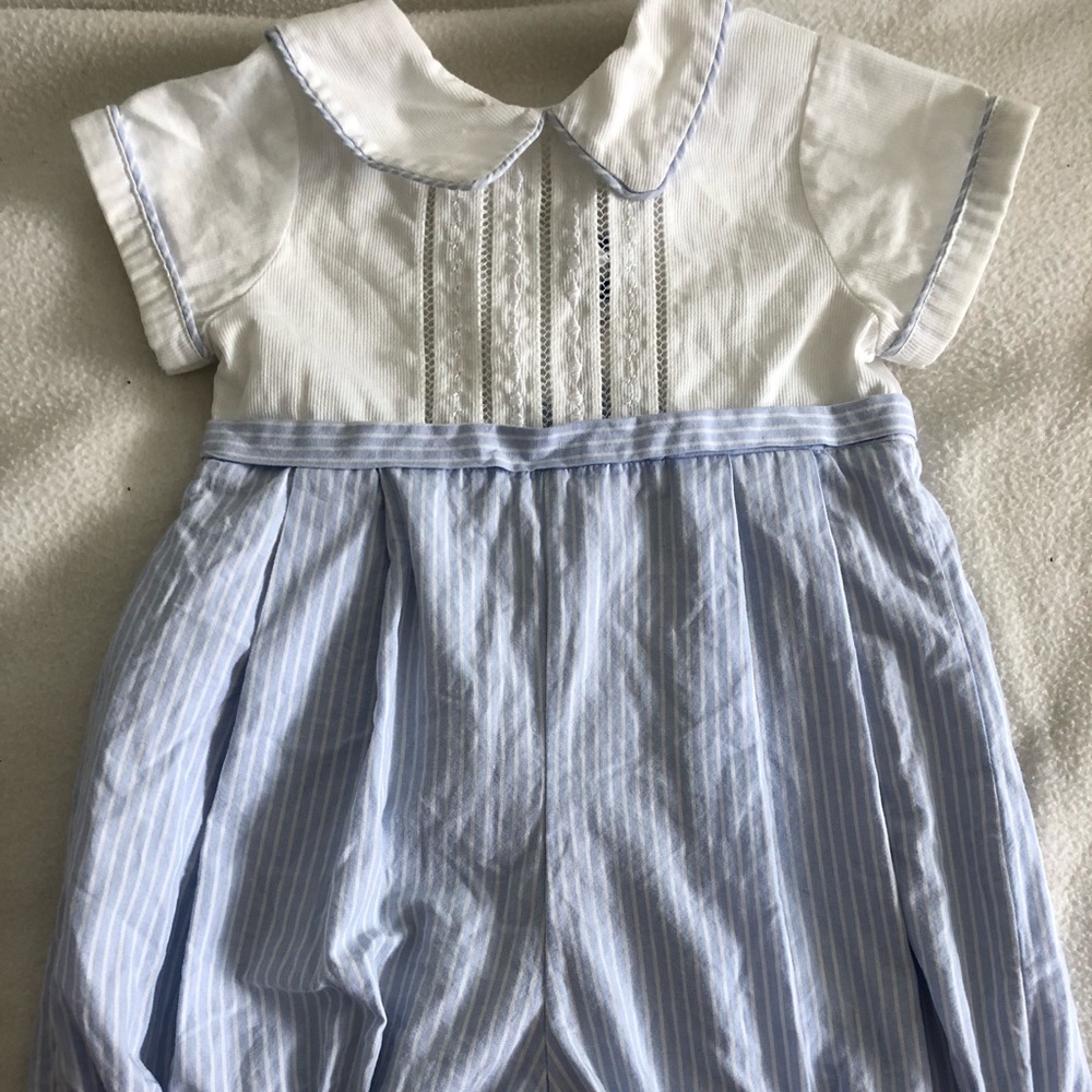 Beautiful baby outfit.  White and blue.  6 months